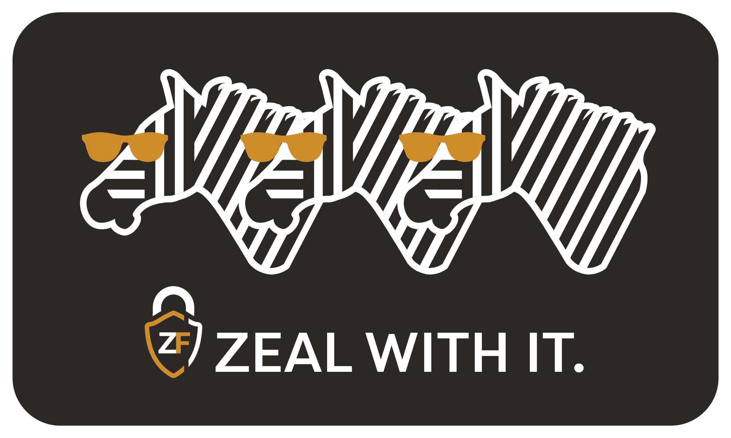 Three sunglassed zebras — official Zeal artwork